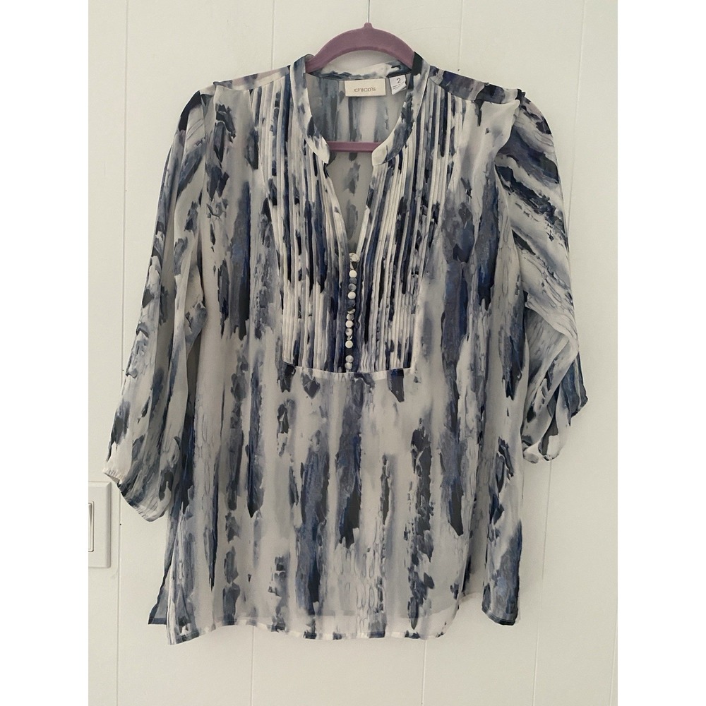 Chico's Womens 2 (12) White Blue 3/4 Sleeve Sheer Blouse Shirt Pleated‎ US